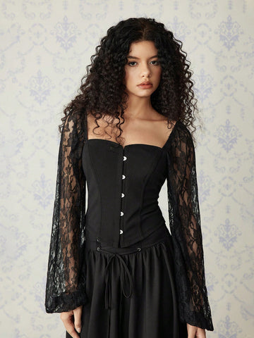 MOD Women's Lace Puff Sleeve Snap Front Black Blouse