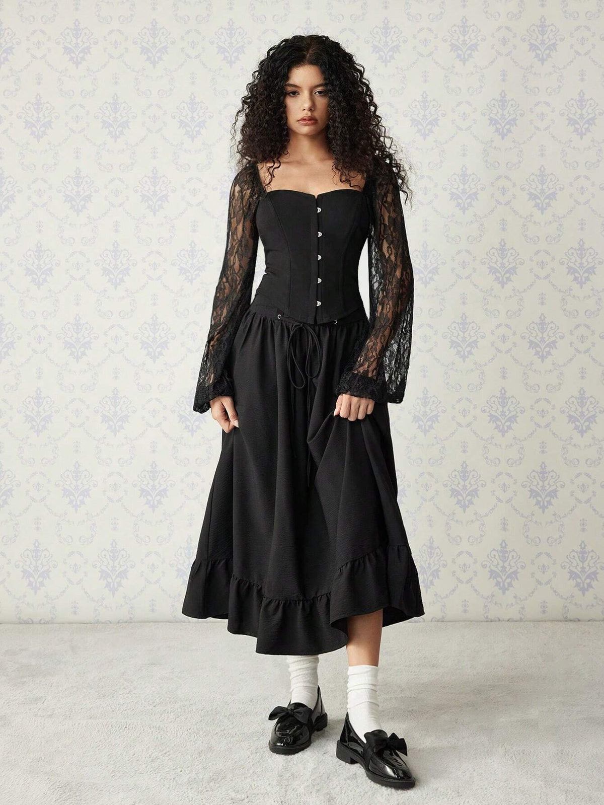 MOD Women's Lace Puff Sleeve Snap Front Black Blouse