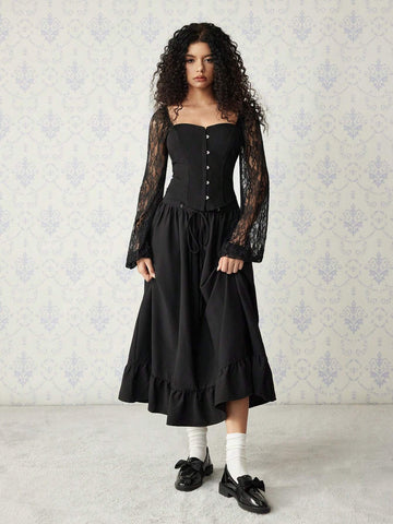 MOD Women's Lace Puff Sleeve Snap Front Black Blouse