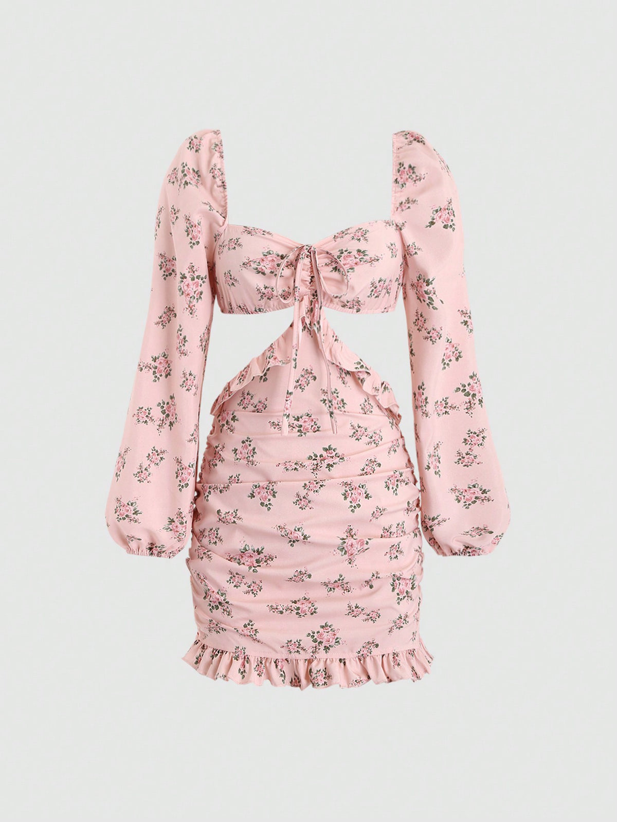 MOD Women's Lantern Sleeve Floral Printed Cut Out Waist Dress