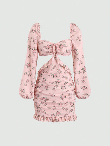 MOD Women's Lantern Sleeve Floral Printed Cut Out Waist Dress