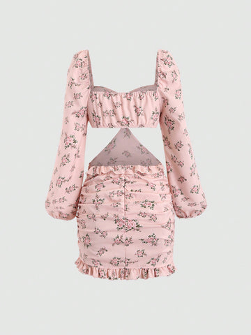 MOD Women's Lantern Sleeve Floral Printed Cut Out Waist Dress