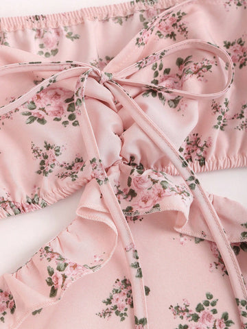 MOD Women's Lantern Sleeve Floral Printed Cut Out Waist Dress