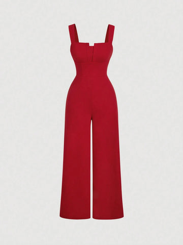 Women's Long Red Knitted Jumpsuit With V-Neck And Suspender,Trimmed Sleeveless White Jumpsuit For Women ,Back To School,Preppy Outfits,Fall Outfits,Khaki Skirt,Going Out Outfits,Vintage Outfits,Work Clothes,Business Casual Women
