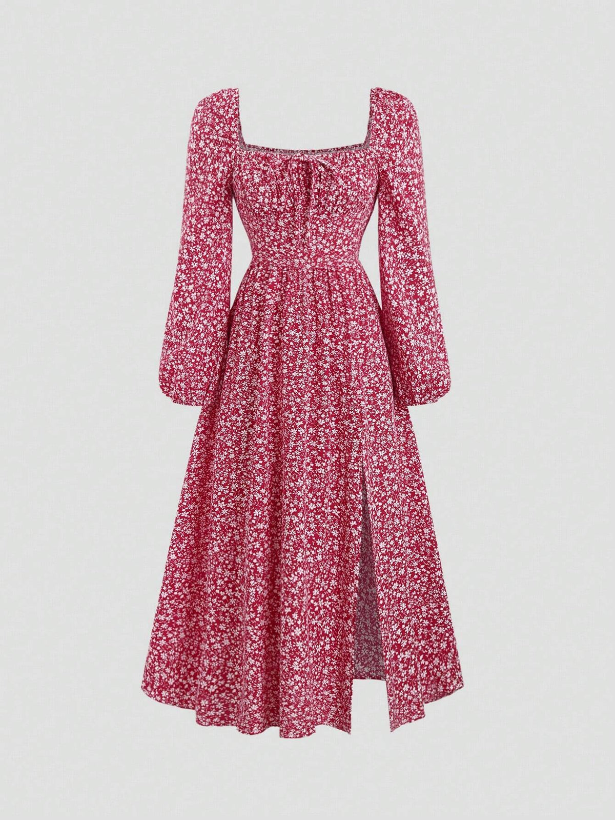 Women's Long Sleeve Ditsy Floral Square Neck Tie-Waist Open Back Dress