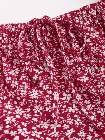 Women's Long Sleeve Ditsy Floral Square Neck Tie-Waist Open Back Dress