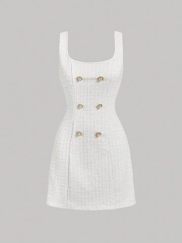 Women's Metal Button Square Neck Elegant Overall Suspender Mini Dress