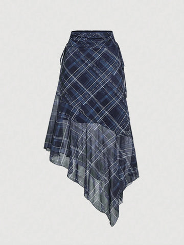 MOD Women's Navy Blue Plaid Asymmetrical Skirt,Bow Tie Skirt, Elegant Skirt,Fall/Winter Women Skirt,Renaissance Fair Skirt,Western Skirt,Homecoming Skirt,Halloween Outfits