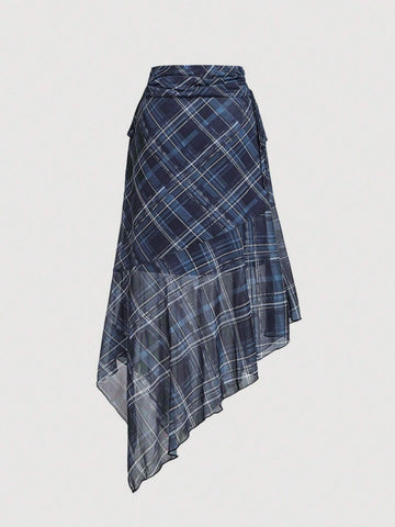MOD Women's Navy Blue Plaid Asymmetrical Skirt,Bow Tie Skirt, Elegant Skirt,Fall/Winter Women Skirt,Renaissance Fair Skirt,Western Skirt,Homecoming Skirt,Halloween Outfits