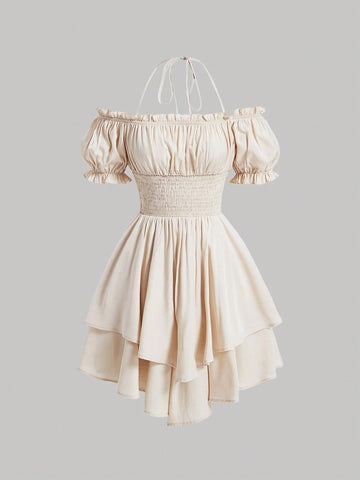 MOD Women's Off-The-Shoulder Frill Trim Waist Shirred Dress With Halter Design