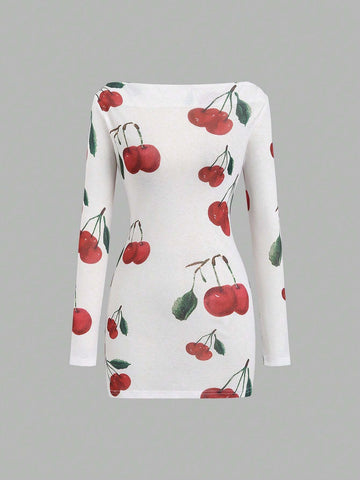 Women's Off-The-Shoulder Long Sleeve Cherry Blossom Print Elegant Dress, Spring And Summer