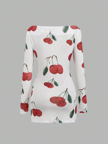 Women's Off-The-Shoulder Long Sleeve Cherry Blossom Print Elegant Dress, Spring And Summer
