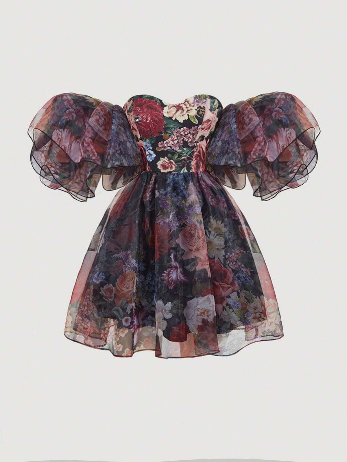 Women's Off Shoulder Exaggerated Floral Sleeve Vintage Print Party Dress