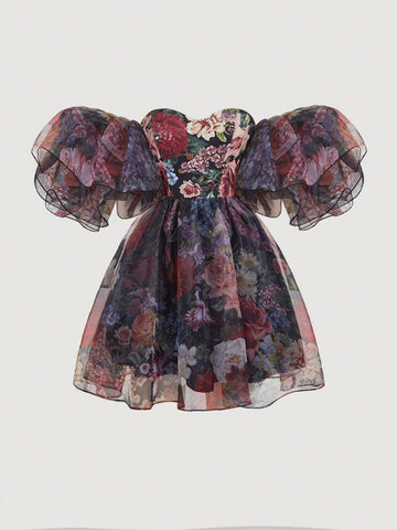 Women's Off Shoulder Exaggerated Floral Sleeve Vintage Print Party Dress