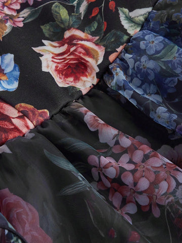 Women's Off Shoulder Exaggerated Floral Sleeve Vintage Print Party Dress