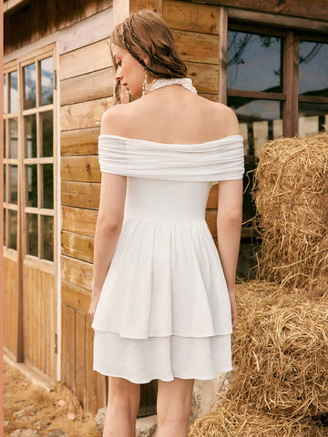 Women's Off Shoulder Pleated Waistband Dress
