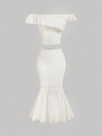 Women's Off Shoulder Ruffle Jacquard T-Shirt, Patchwork Chiffon Hem Fish Tail Skirt 2pcs/Set