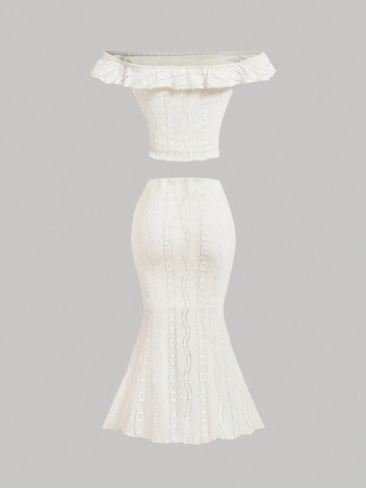 Women's Off Shoulder Ruffle Jacquard T-Shirt, Patchwork Chiffon Hem Fish Tail Skirt 2pcs/Set