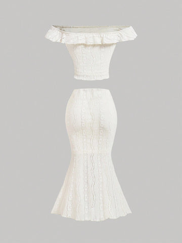 Women's Off Shoulder Ruffle Jacquard T-Shirt, Patchwork Chiffon Hem Fish Tail Skirt 2pcs/Set