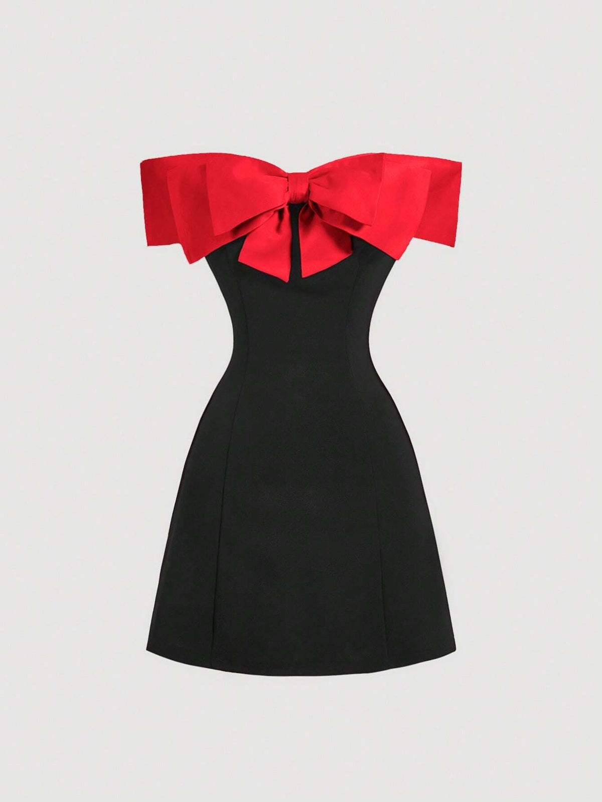 Women's Open Shoulder Contrast Bow Tie Short Dress, Black Cocktail Dress For Party,Black