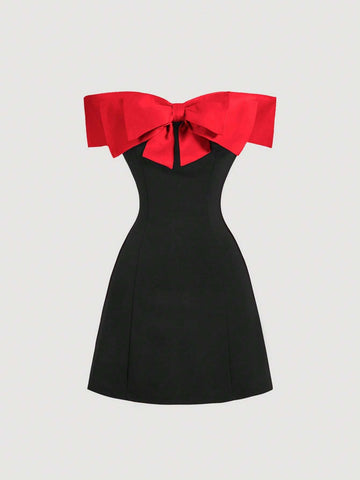 Women's Open Shoulder Contrast Bow Tie Short Dress, Black Cocktail Dress For Party,Black