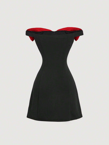 Women's Open Shoulder Contrast Bow Tie Short Dress, Black Cocktail Dress For Party,Black