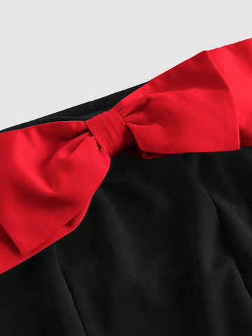 Women's Open Shoulder Contrast Bow Tie Short Dress, Black Cocktail Dress For Party,Black