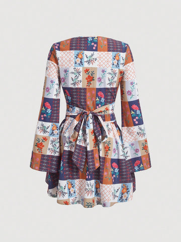 Women's Patchwork Floral Print Wrap Knot Two Piece Set