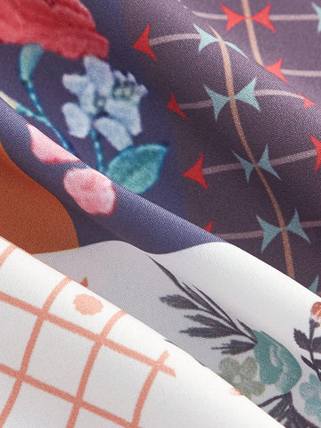 Women's Patchwork Floral Print Wrap Knot Two Piece Set