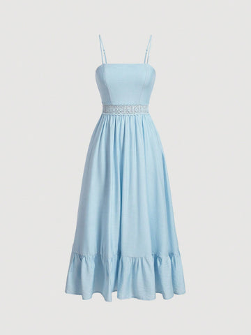 Ladies' Round Neck Mesh Patchwork Short Puff Sleeve Dress
