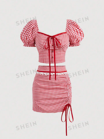 Women's Plaid Short Puff Sleeve Shirt And Skirt Set