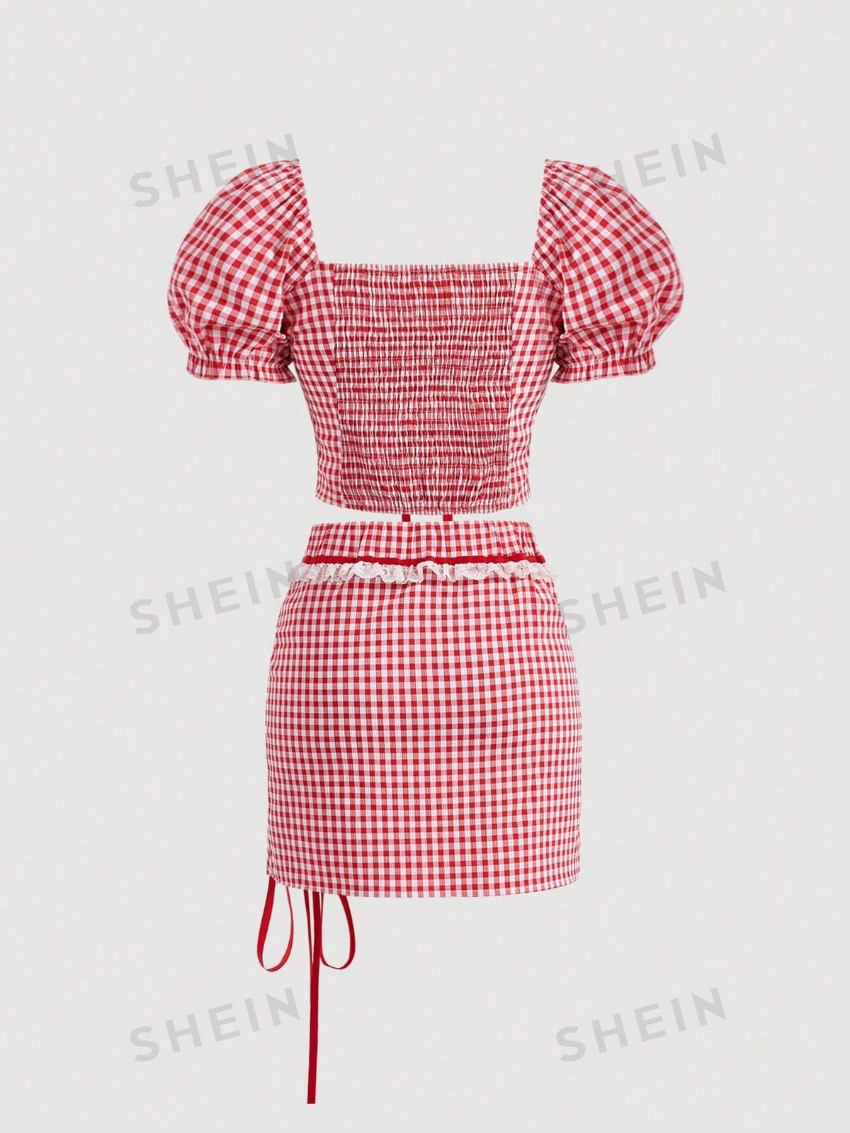 Women's Plaid Short Puff Sleeve Shirt And Skirt Set