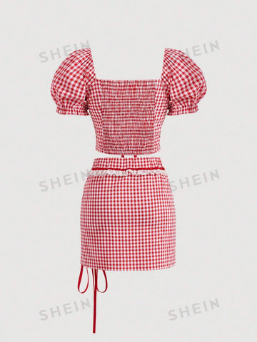 Women's Plaid Short Puff Sleeve Shirt And Skirt Set