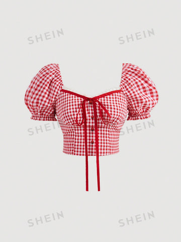 Women's Plaid Short Puff Sleeve Shirt And Skirt Set