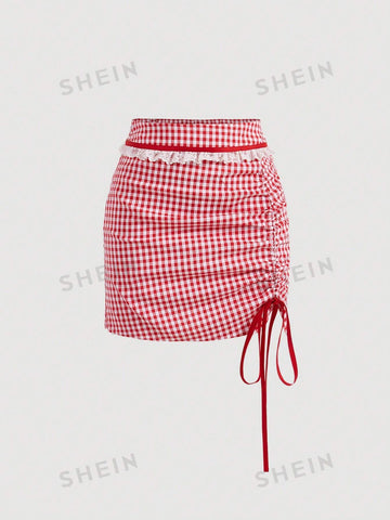 Women's Plaid Short Puff Sleeve Shirt And Skirt Set