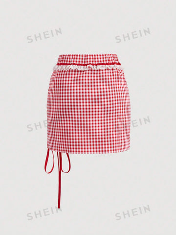 Women's Plaid Short Puff Sleeve Shirt And Skirt Set