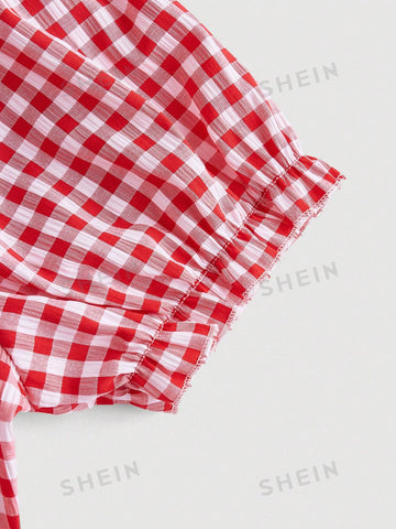 Women's Plaid Short Puff Sleeve Shirt And Skirt Set