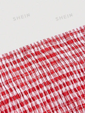 Women's Plaid Short Puff Sleeve Shirt And Skirt Set