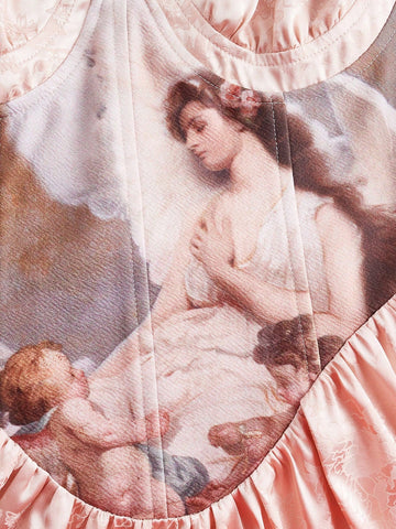 Women's Pleated Dress With Frill Edge, Oil Painting Pattern