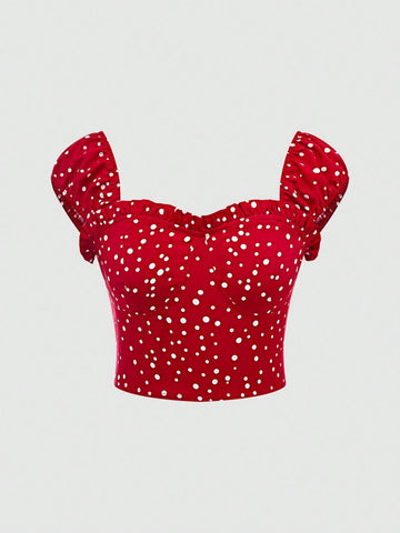 Women's Polka Dot Print Lace Trim Casual Shirt, Perfect For Music Festivals, Summer