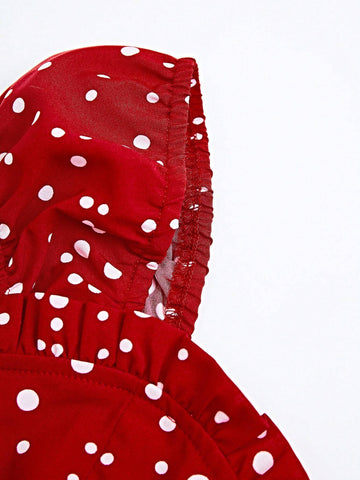 Women's Polka Dot Print Lace Trim Casual Shirt, Perfect For Music Festivals, Summer