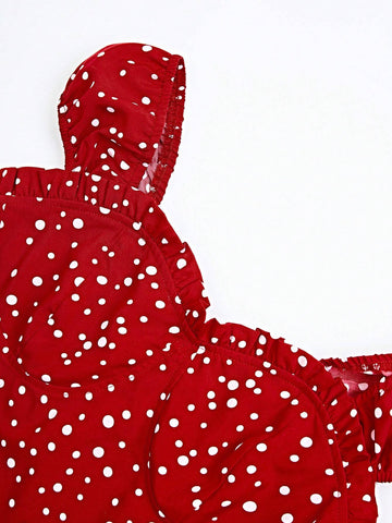 Women's Polka Dot Print Lace Trim Casual Shirt, Perfect For Music Festivals, Summer