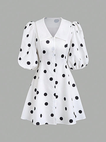 Women's Polka Dot Print Puff Sleeve Dress With Collar, Casual Holiday Style
