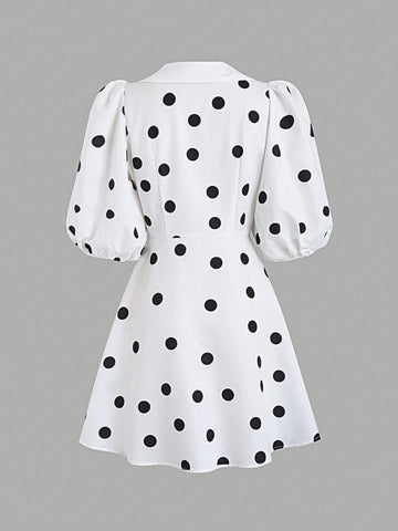 Women's Polka Dot Print Puff Sleeve Dress With Collar, Casual Holiday Style