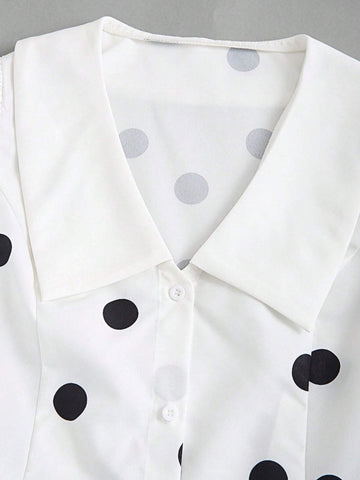 Women's Polka Dot Print Puff Sleeve Dress With Collar, Casual Holiday Style