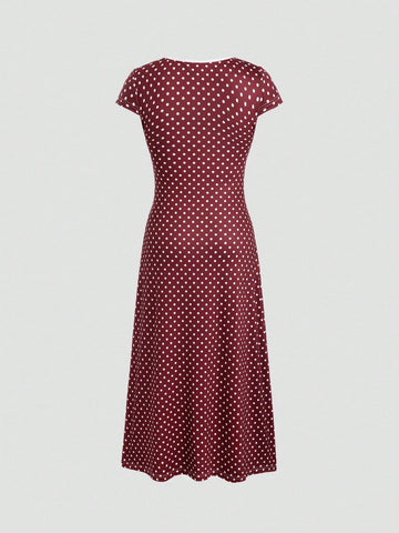 Women's Polka Dot Print Short Sleeve Bowknot Decor Mini Dress