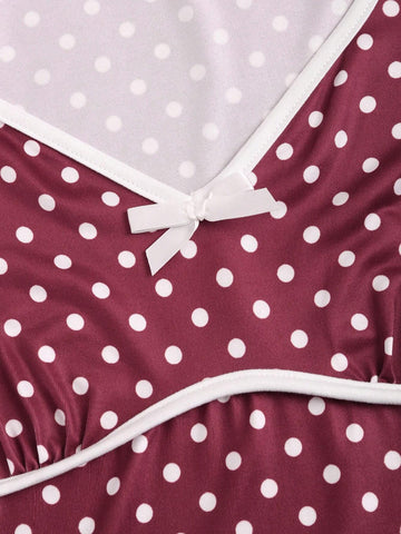 Women's Polka Dot Print Short Sleeve Bowknot Decor Mini Dress
