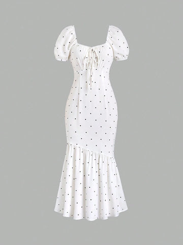 Women's Polka Dot Puff Sleeve Mermaid Hem Summer Dress