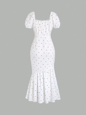 Women's Polka Dot Puff Sleeve Mermaid Hem Summer Dress