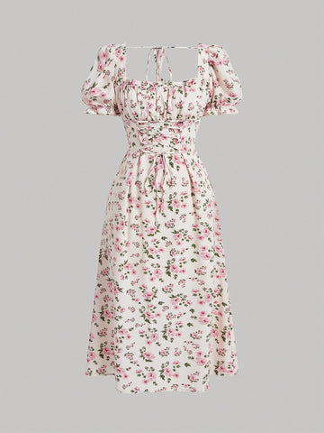 MOD Women's Puff Sleeve Floral Print Full-Length Dress With Tie Belt